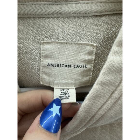 American Eagle Womens Sweatshirt Size Small Tan Hooded Ruffled Long Sleeve - Picture 4 of 11